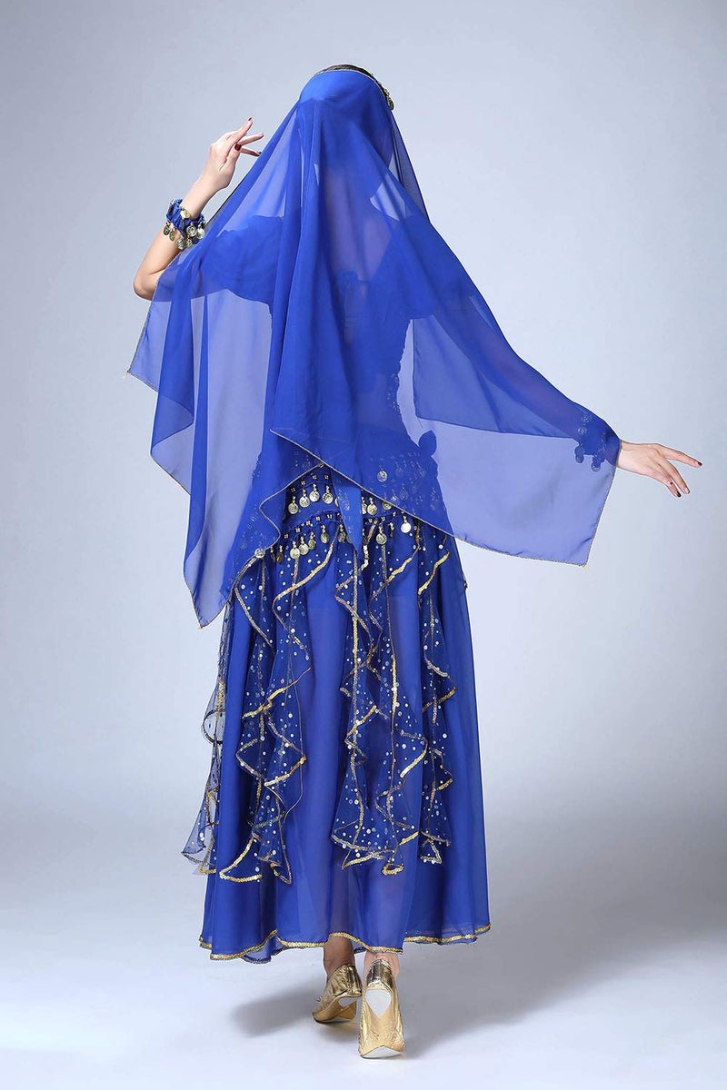 ORIDOOR Women Belly Dance Dress Indian Bollywood Halloween Costume Chiffon Skirts Shiny Belly Dance Suits 5-Piece Outfit, 004 Royal Blue, One Size - Image 5